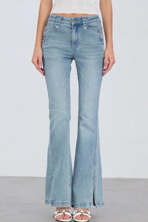 Heart Button Slit Flared Jeans
