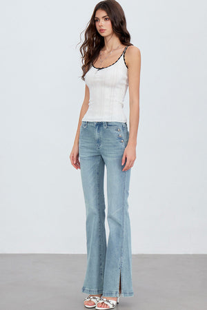 Heart Button Slit Flared Jeans