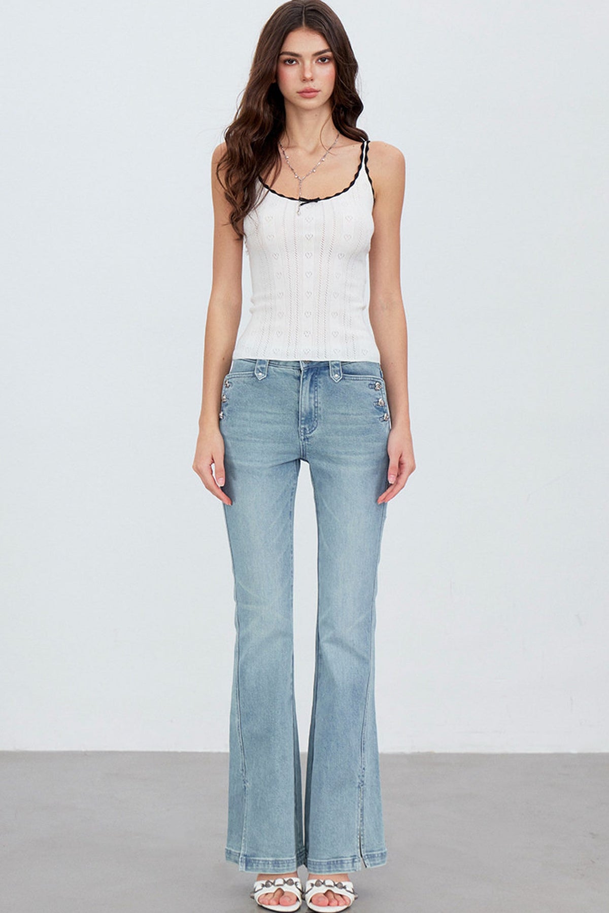 Heart Button Slit Flared Jeans
