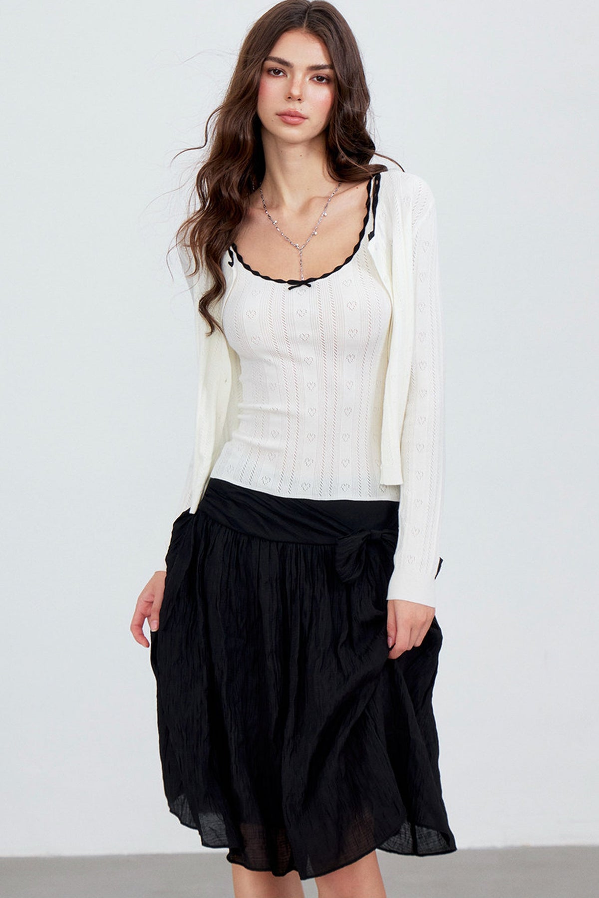 Heart Hollow Ruffle Knit Camisole And Cardigan Set-Up