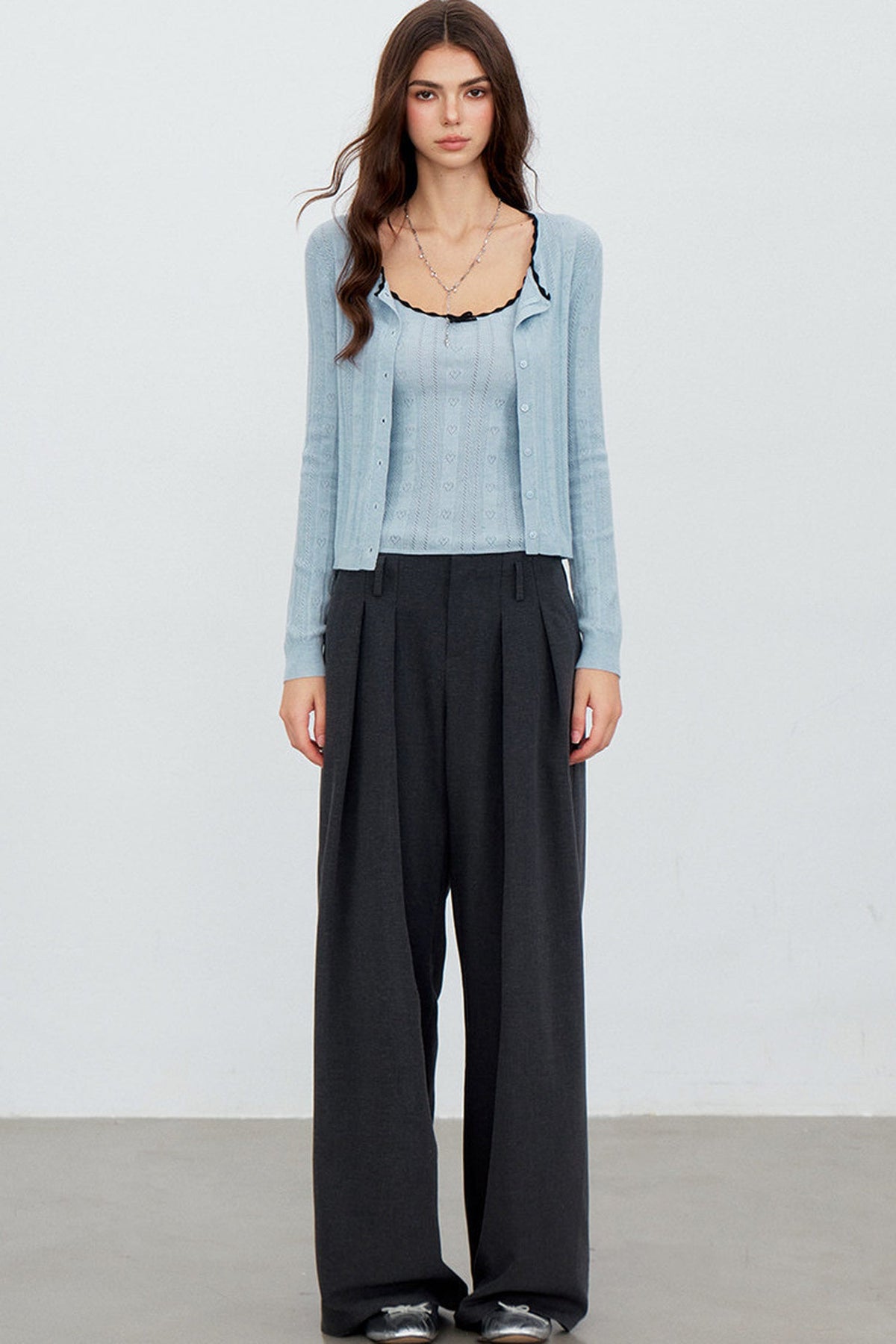 Heart Hollow Ruffle Knit Camisole And Cardigan Set-Up