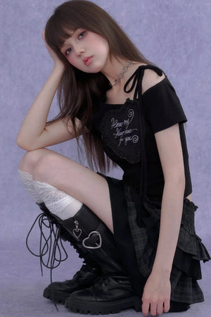 Heart Short-Sleeve One-Shoulder Top