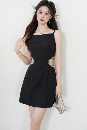 Heavy Beading Black Spaghetti Strap Dress