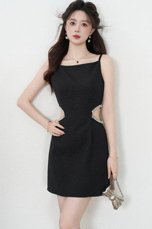 Heavy Beading Black Spaghetti Strap Dress