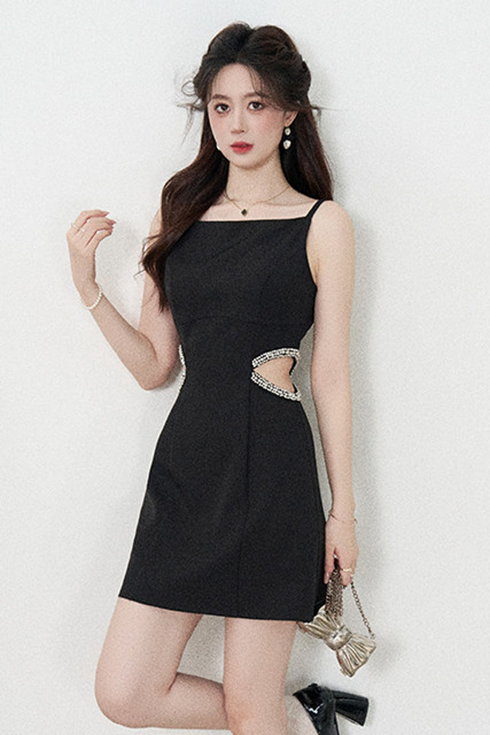 Heavy Beading Black Spaghetti Strap Dress