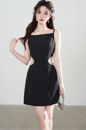 Heavy Beading Black Spaghetti Strap Dress