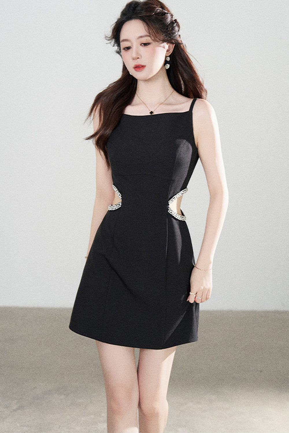 Heavy Beading Black Spaghetti Strap Dress