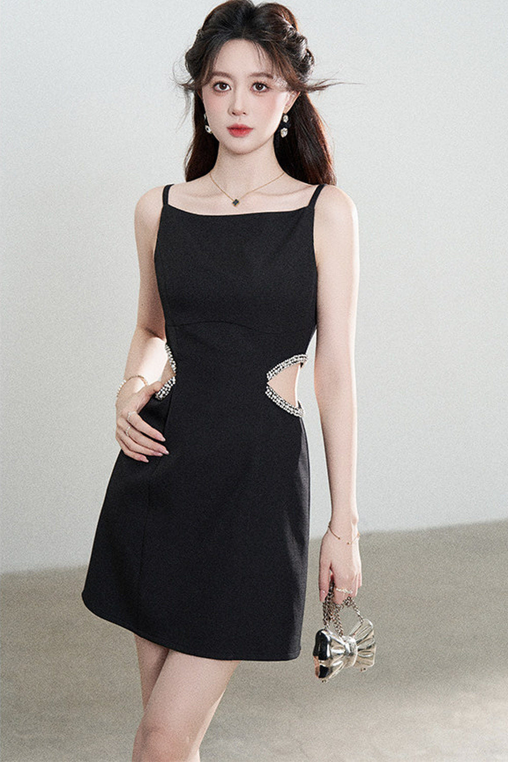 Heavy Beading Black Spaghetti Strap Dress