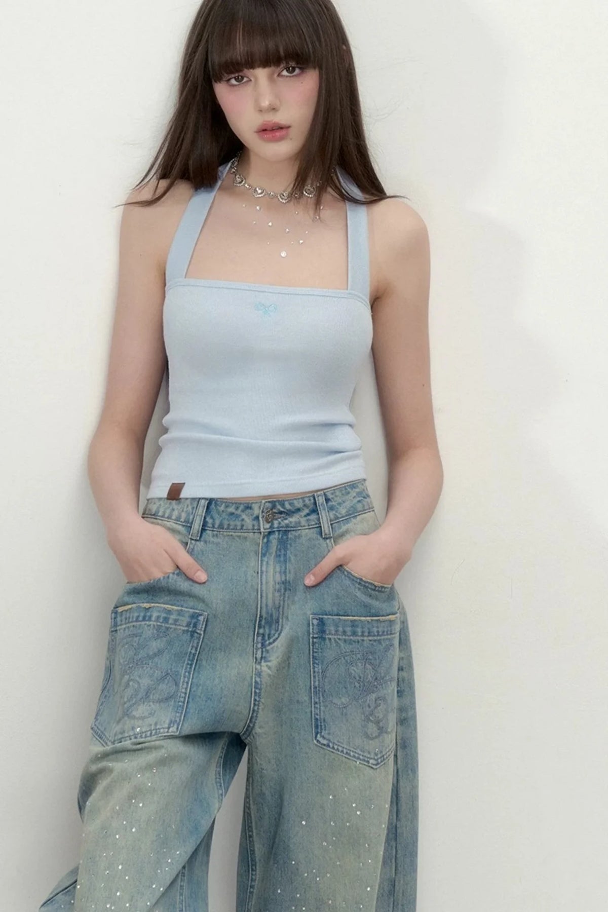 Heavy Embroidery Bow Halter Tank Top