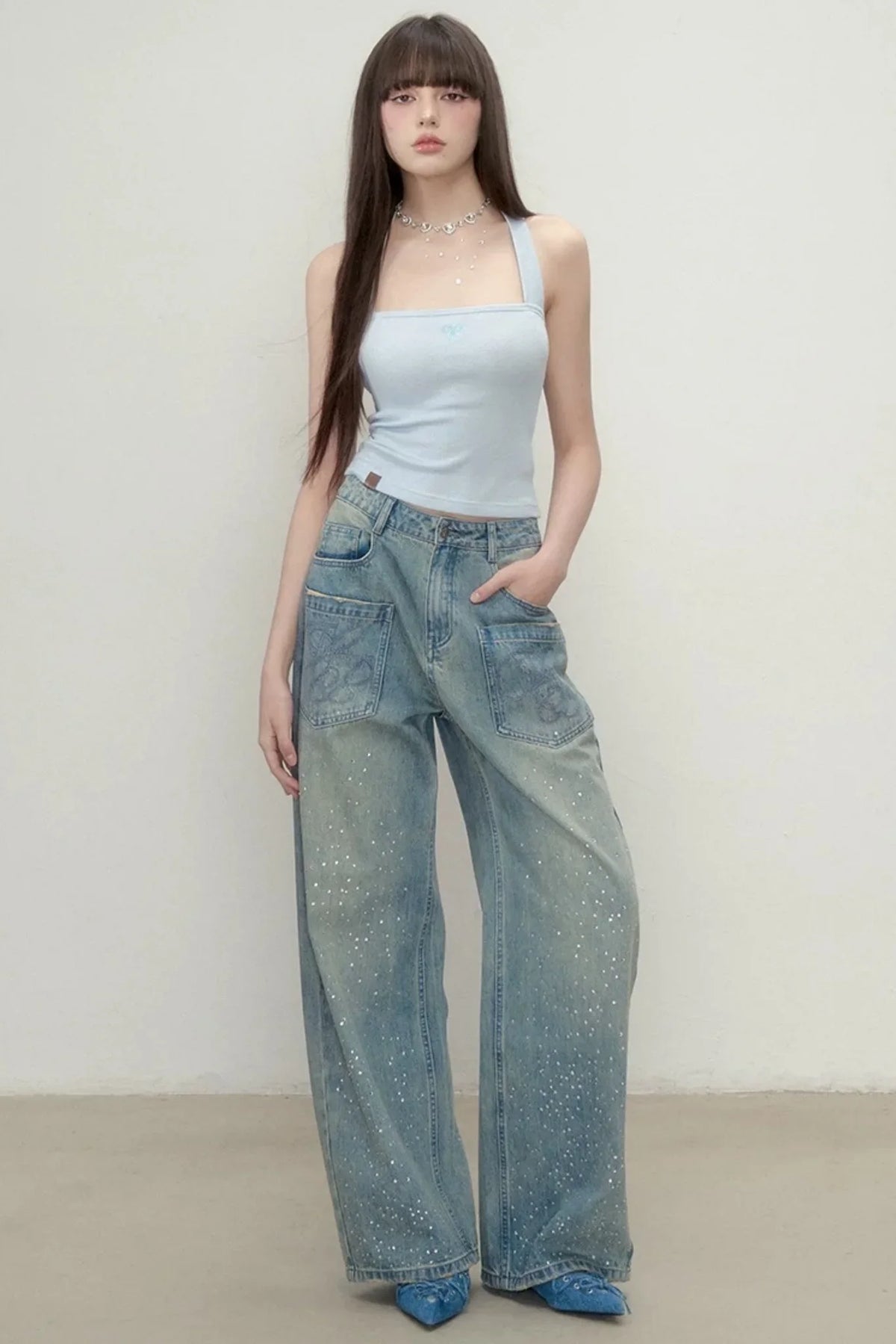 Heavy Embroidery Bow Halter Tank Top