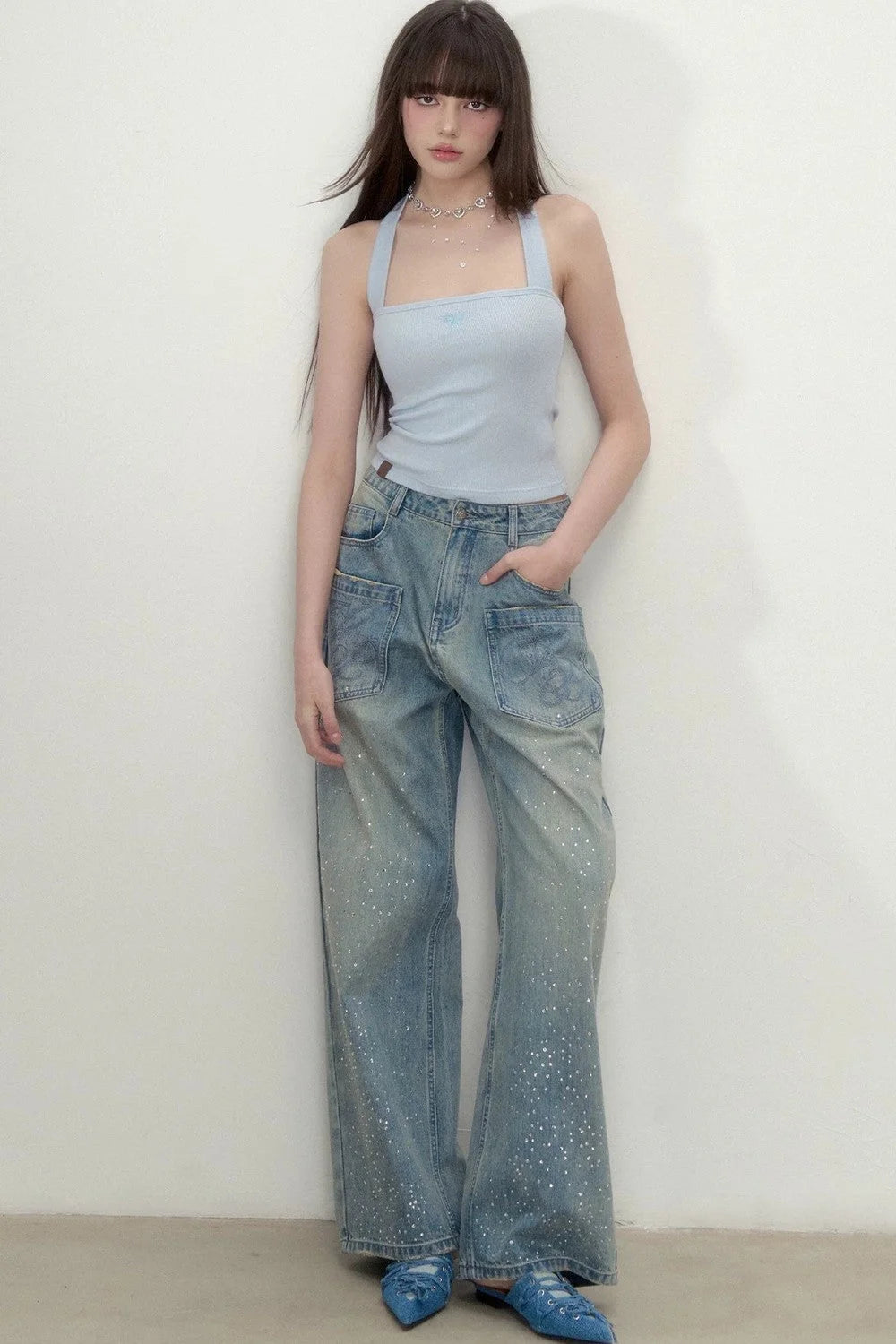 Heavy Embroidery Bow Halter Tank Top