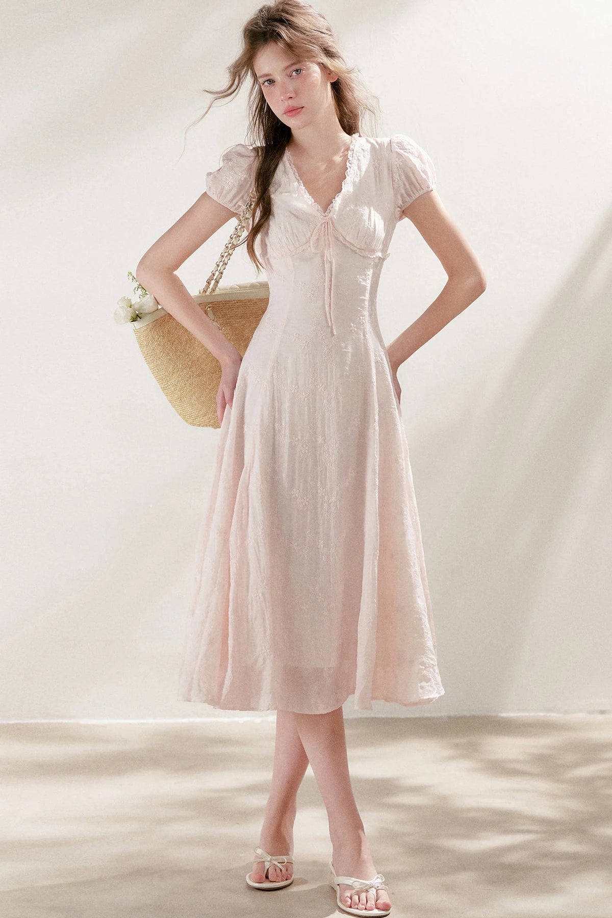Heavy Embroidery Lace Trim Long Dress