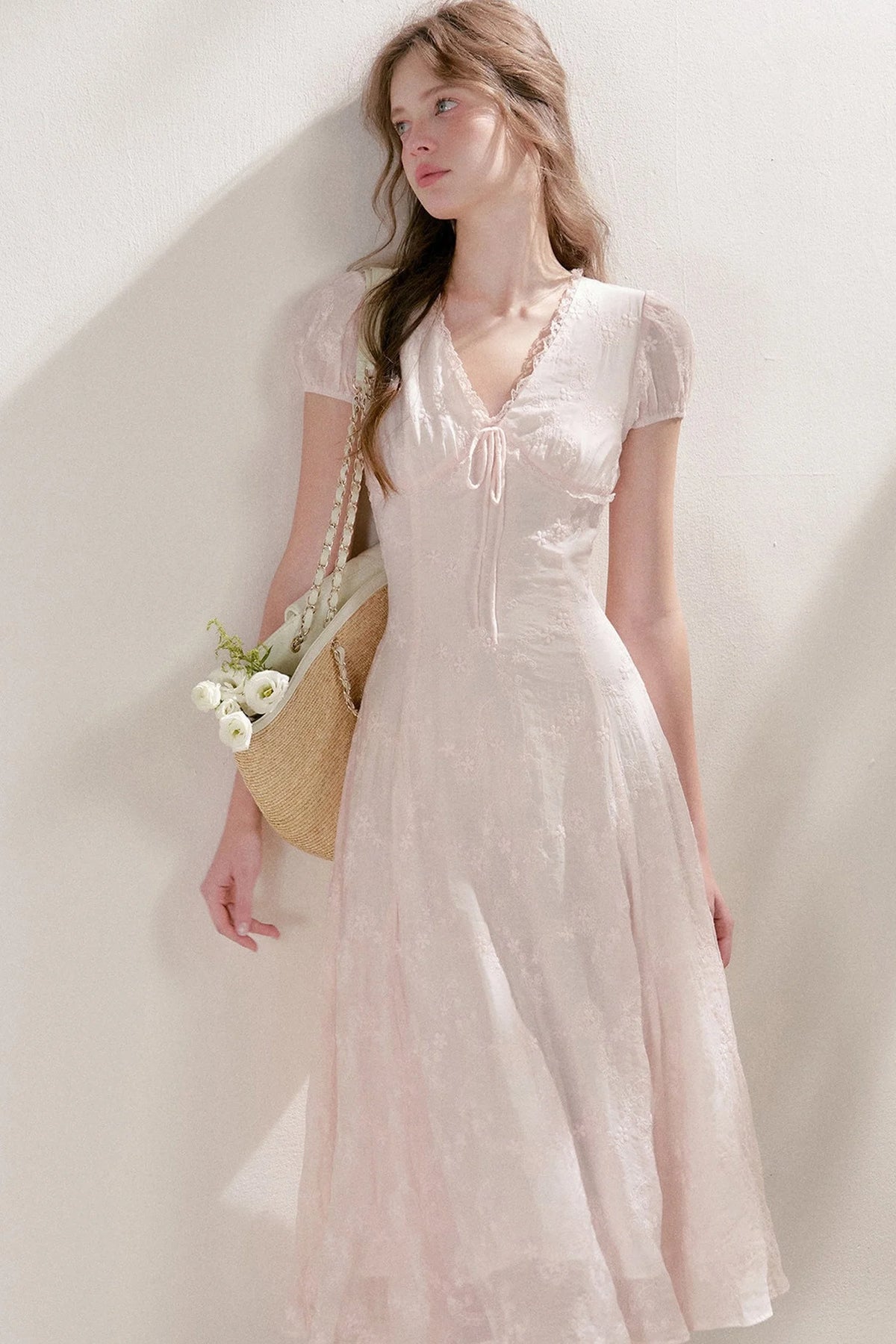 Heavy Embroidery Lace Trim Long Dress