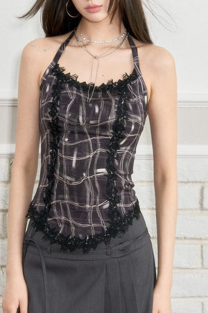 Heavy Lace Patchwork Halter Tank Top