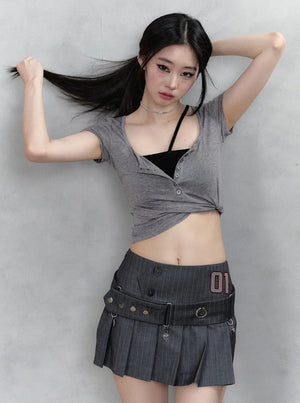 Henry Collar Embroidery Short Sleeve Knit Set