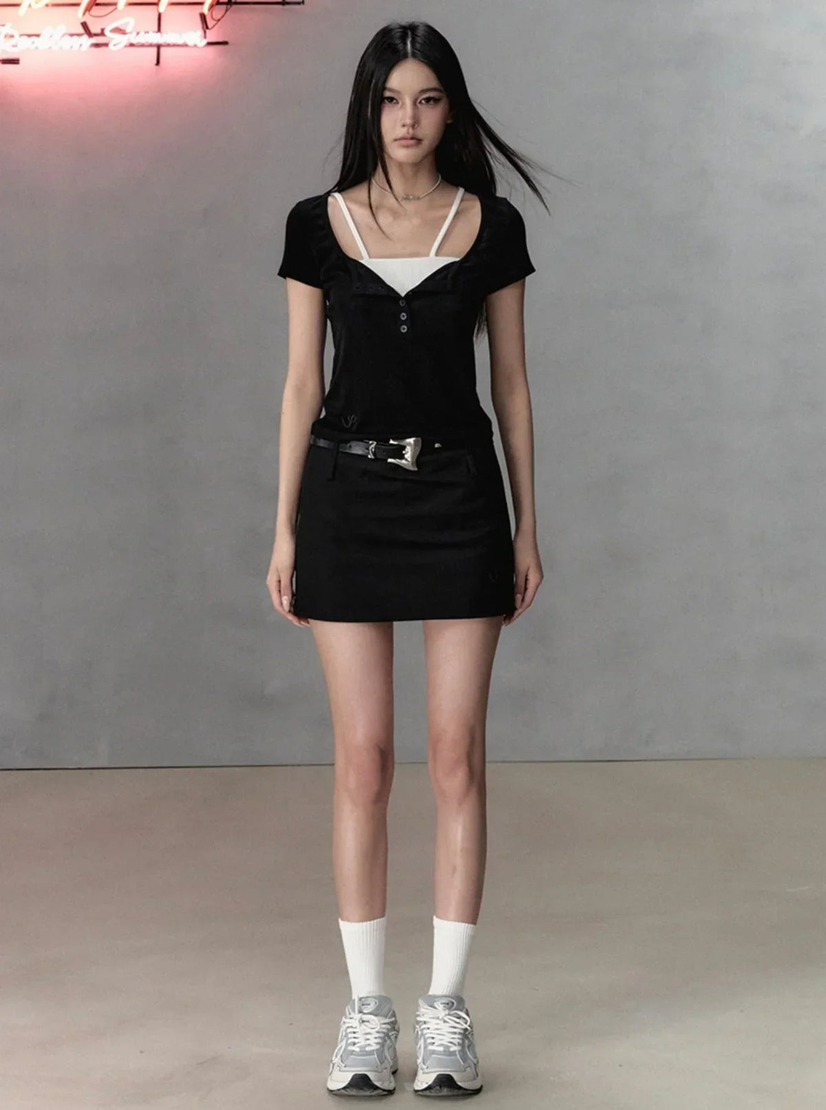 Henry Collar Embroidery Short Sleeve Knit Set