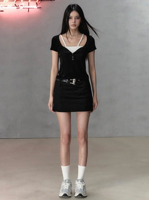 Henry Collar Embroidery Short Sleeve Knit Set