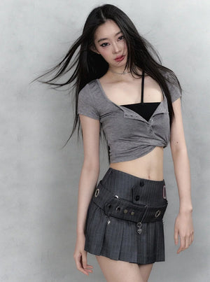 Henry Collar Embroidery Short Sleeve Knit Set