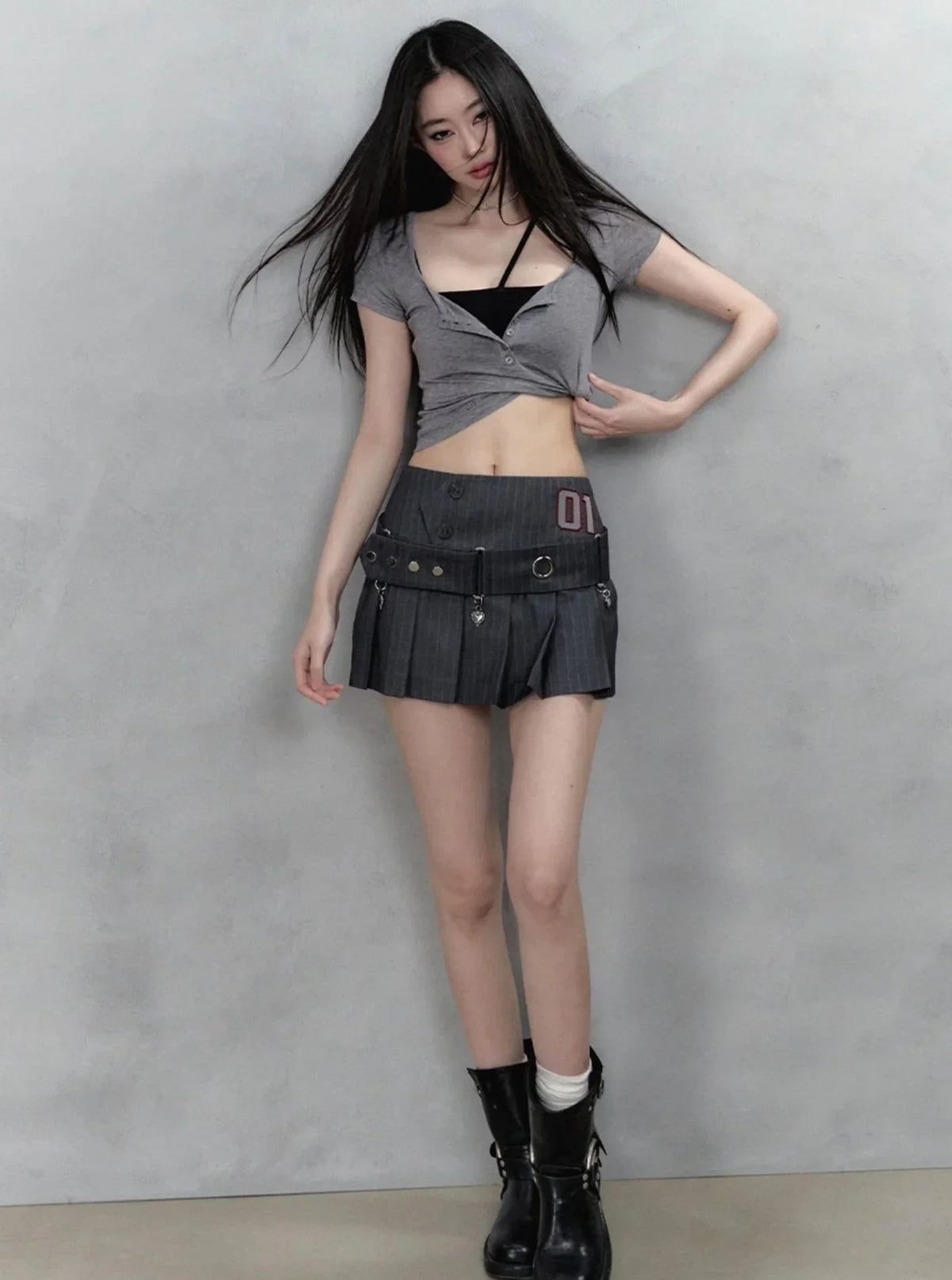 Henry Collar Embroidery Short Sleeve Knit Set