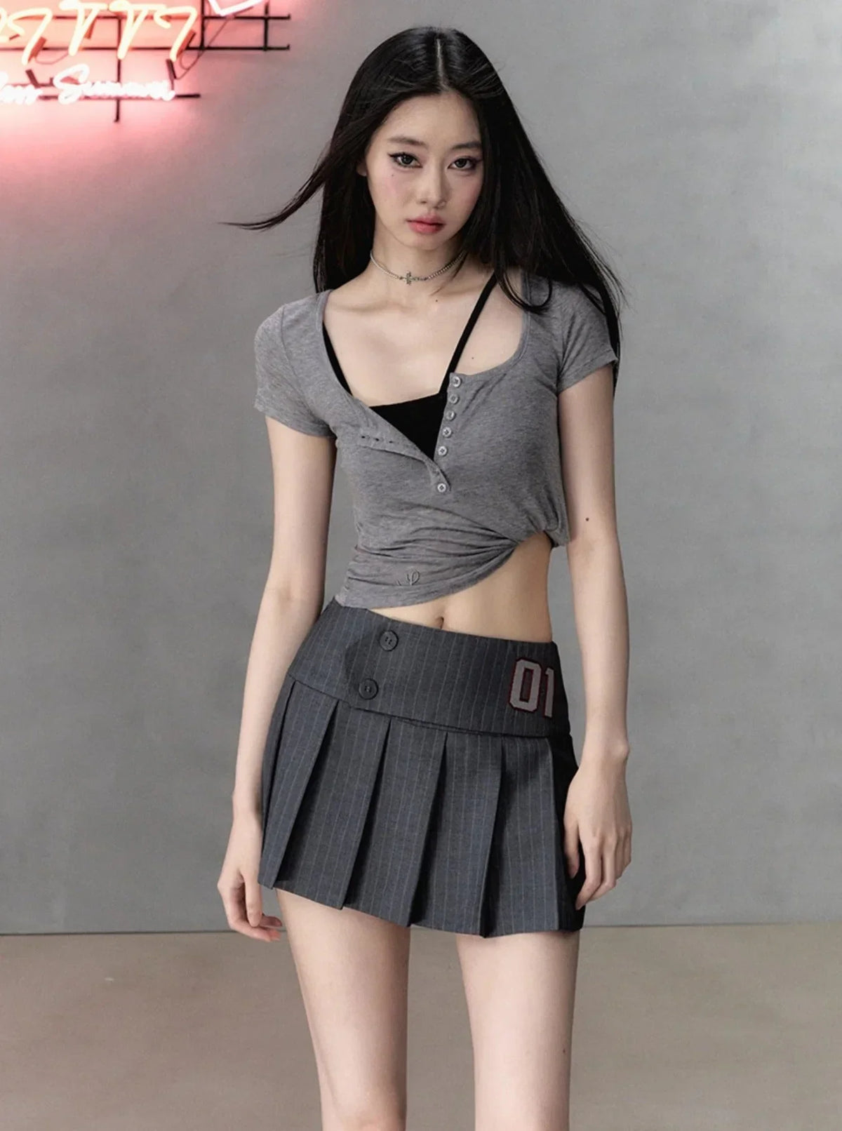 Henry Collar Embroidery Short Sleeve Knit Set
