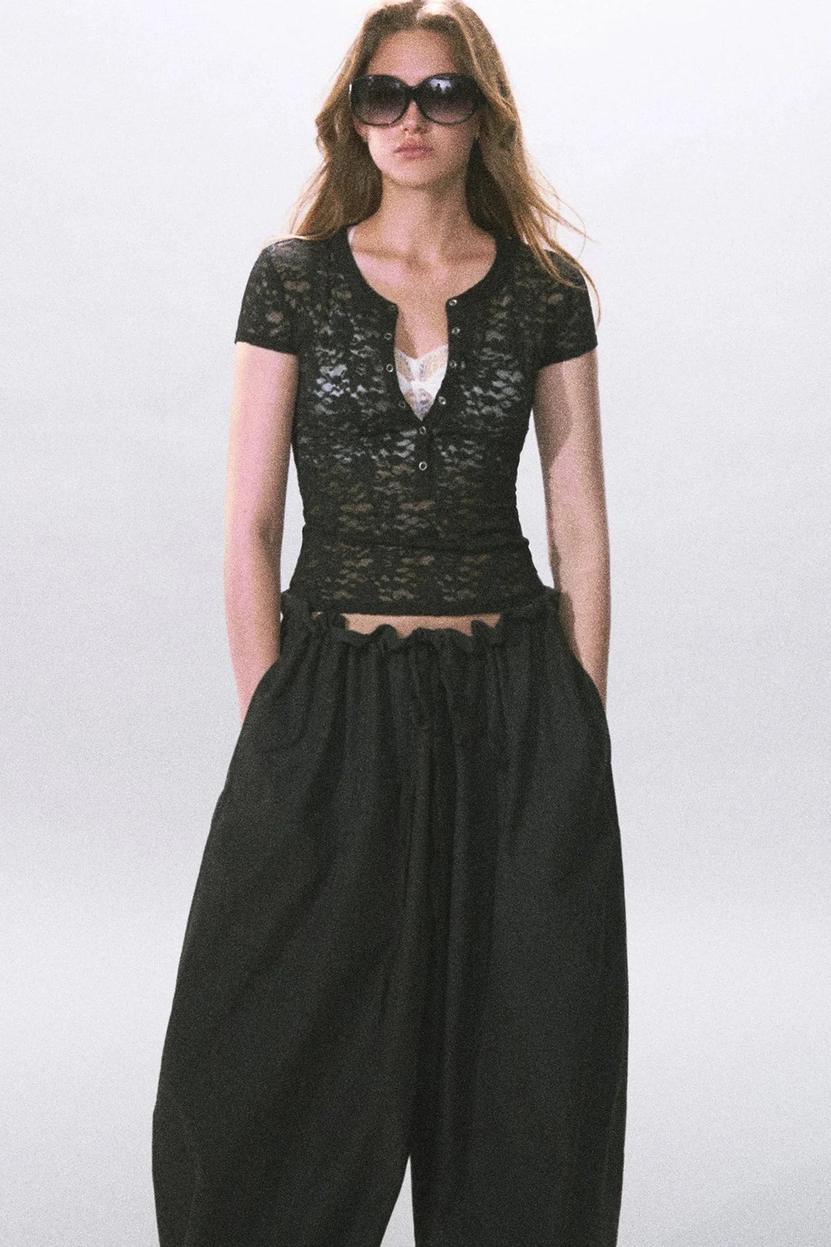 Henry Collar Semi-Sheer Lace T-Shirt