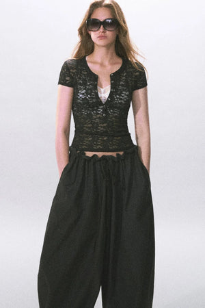 Henry Collar Semi-Sheer Lace T-Shirt