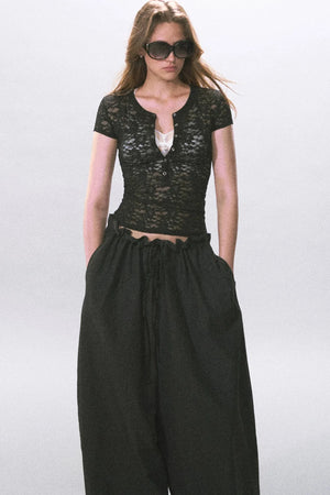 Henry Collar Semi-Sheer Lace T-Shirt