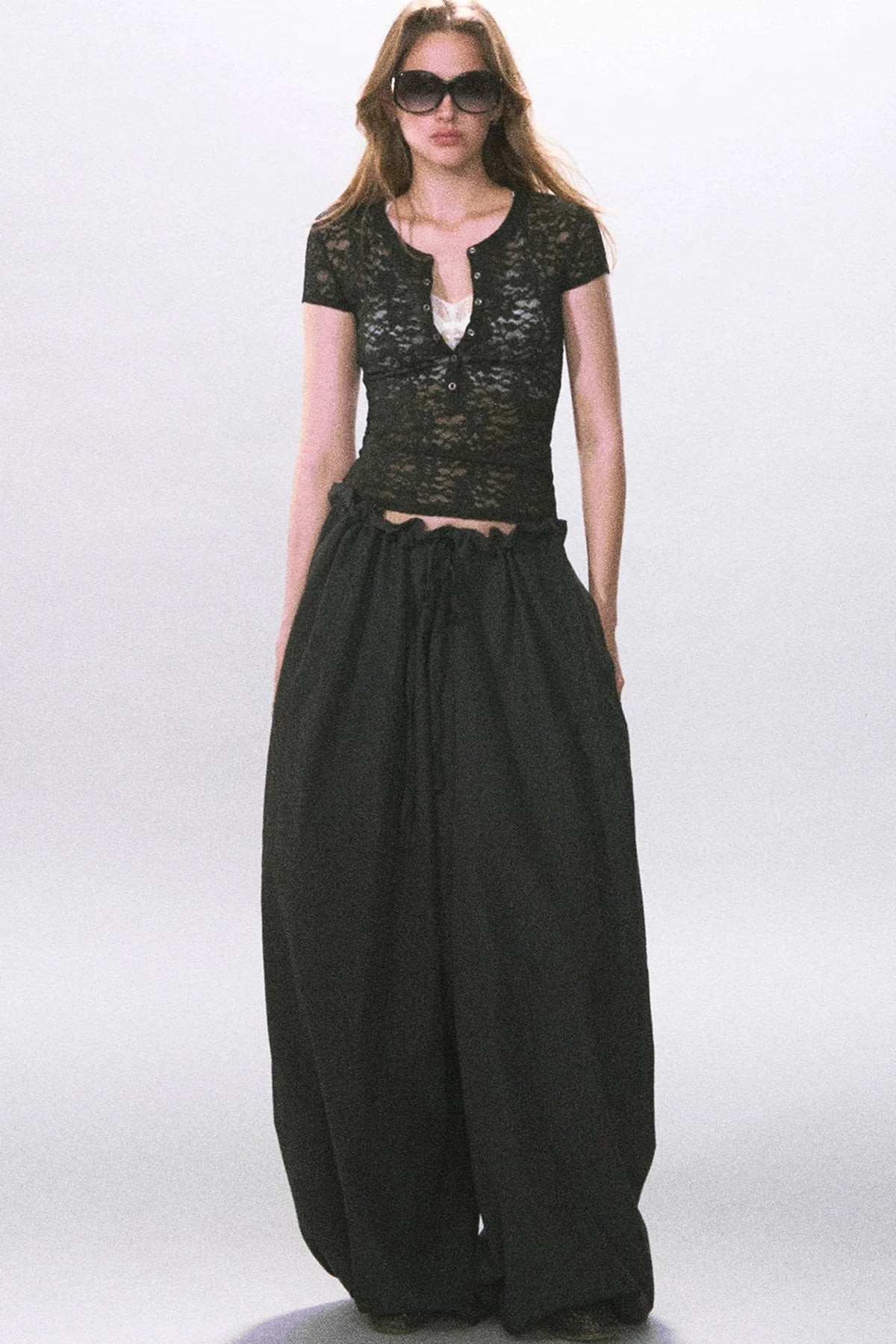 Henry Collar Semi-Sheer Lace T-Shirt