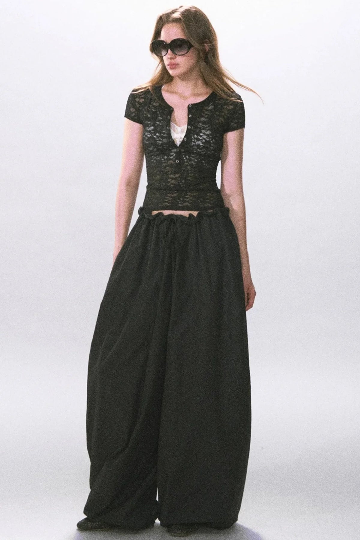 Henry Collar Semi-Sheer Lace T-Shirt