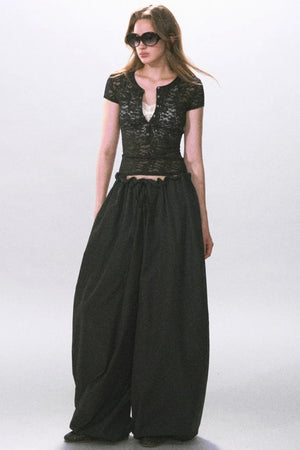 Henry Collar Semi-Sheer Lace T-Shirt