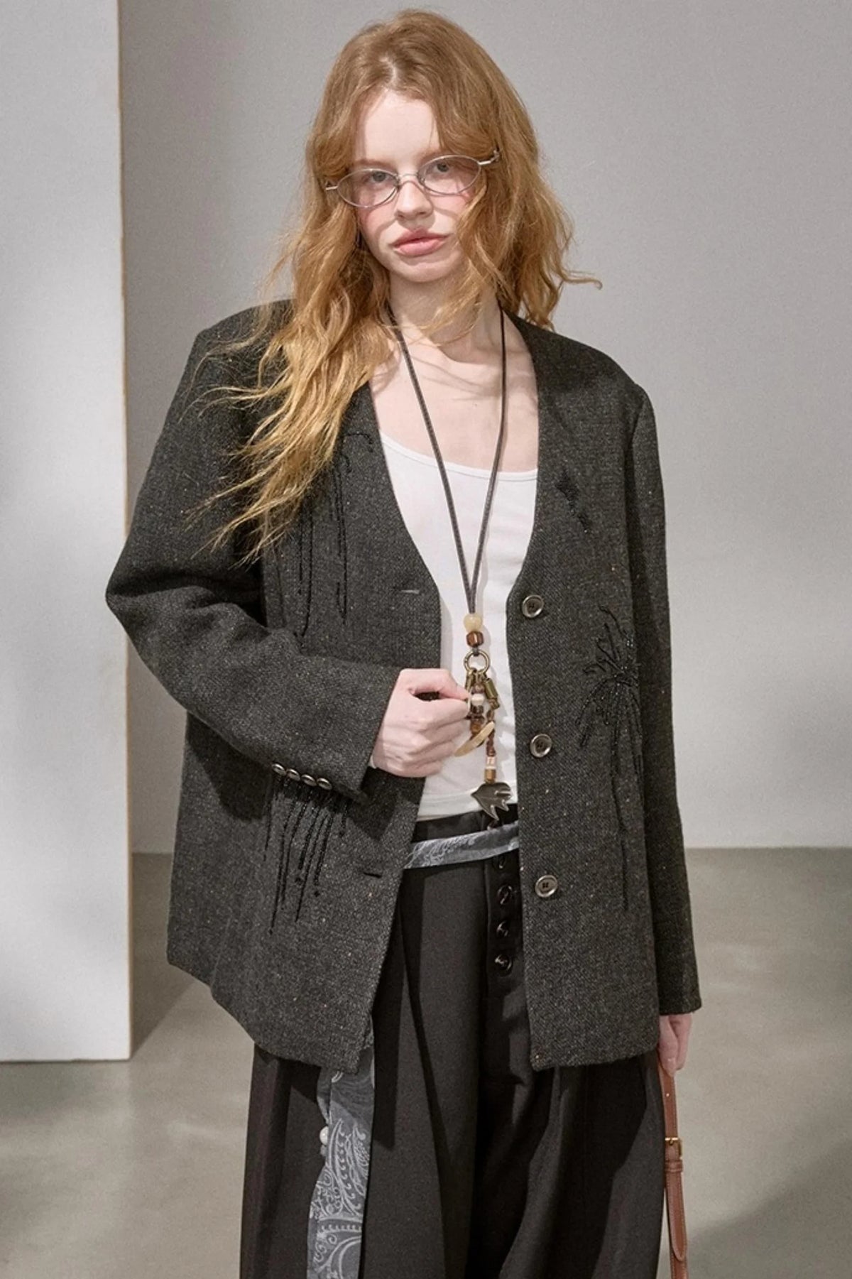 High-Density Beaded V-Neck Jacket