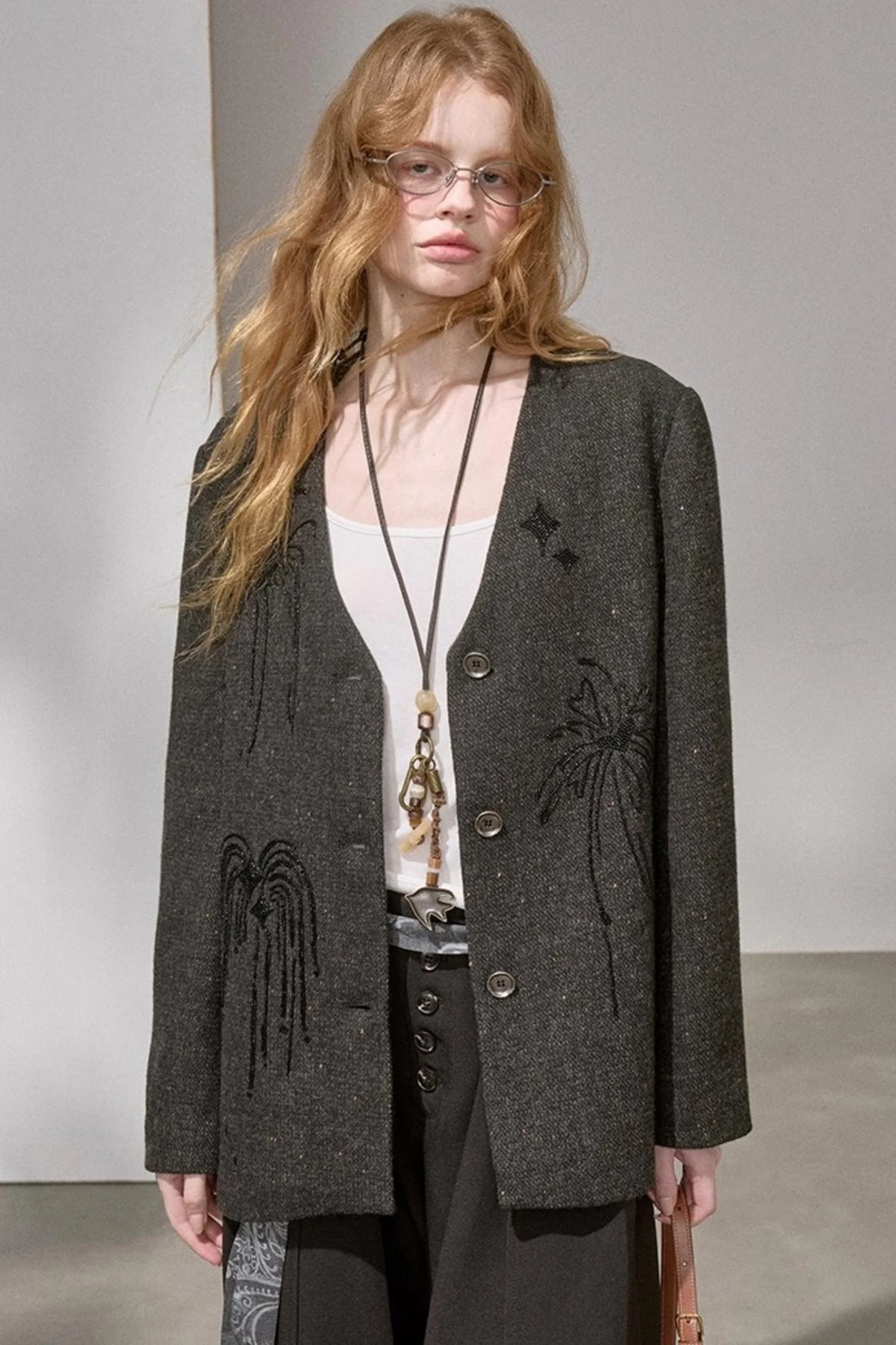 High-Density Beaded V-Neck Jacket