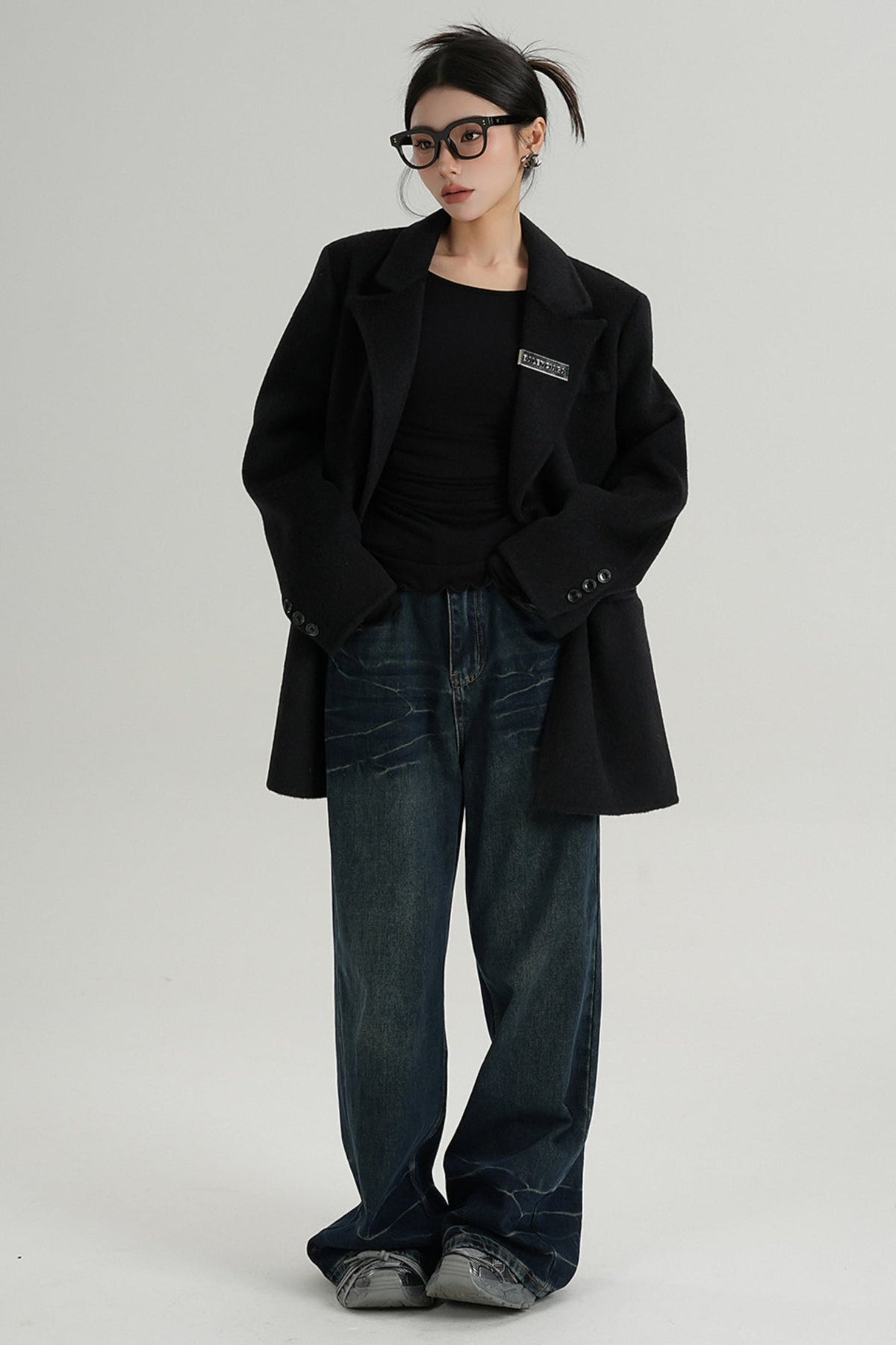 High-End Black Wool Tweed Jacket