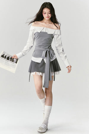 High-Intelligence Patchwork One-Shoulder Top Set-Up