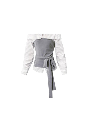 High-Intelligence Patchwork One-Shoulder Top Set-Up