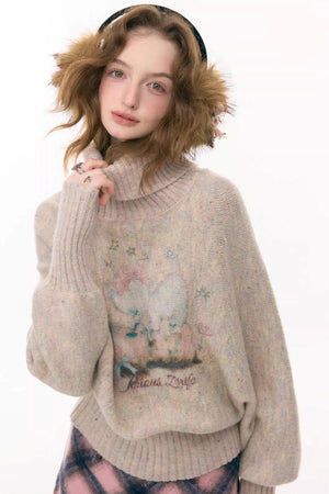 High-Neck Batwing Apricot Sweater