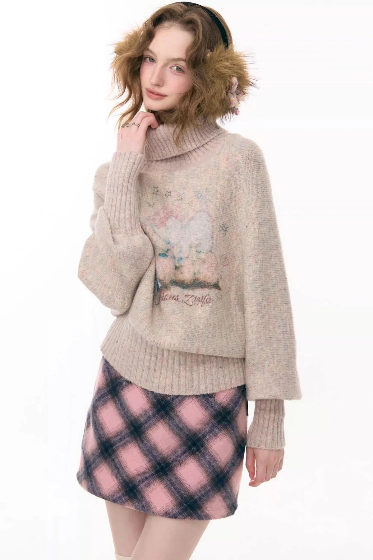 High-Neck Batwing Apricot Sweater