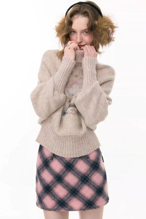 High-Neck Batwing Apricot Sweater
