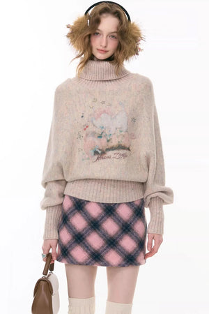 High-Neck Batwing Apricot Sweater