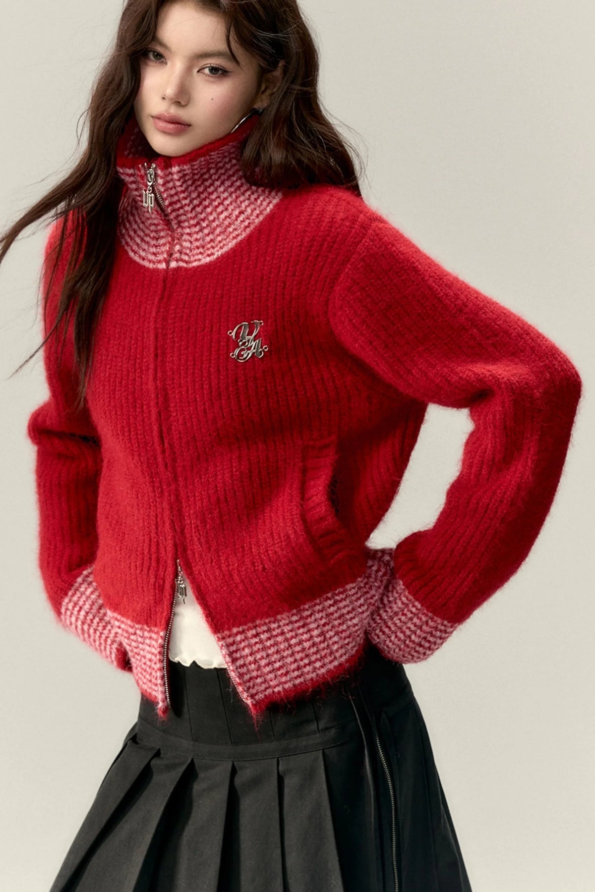 High Neck Contrast Knit Cardigan