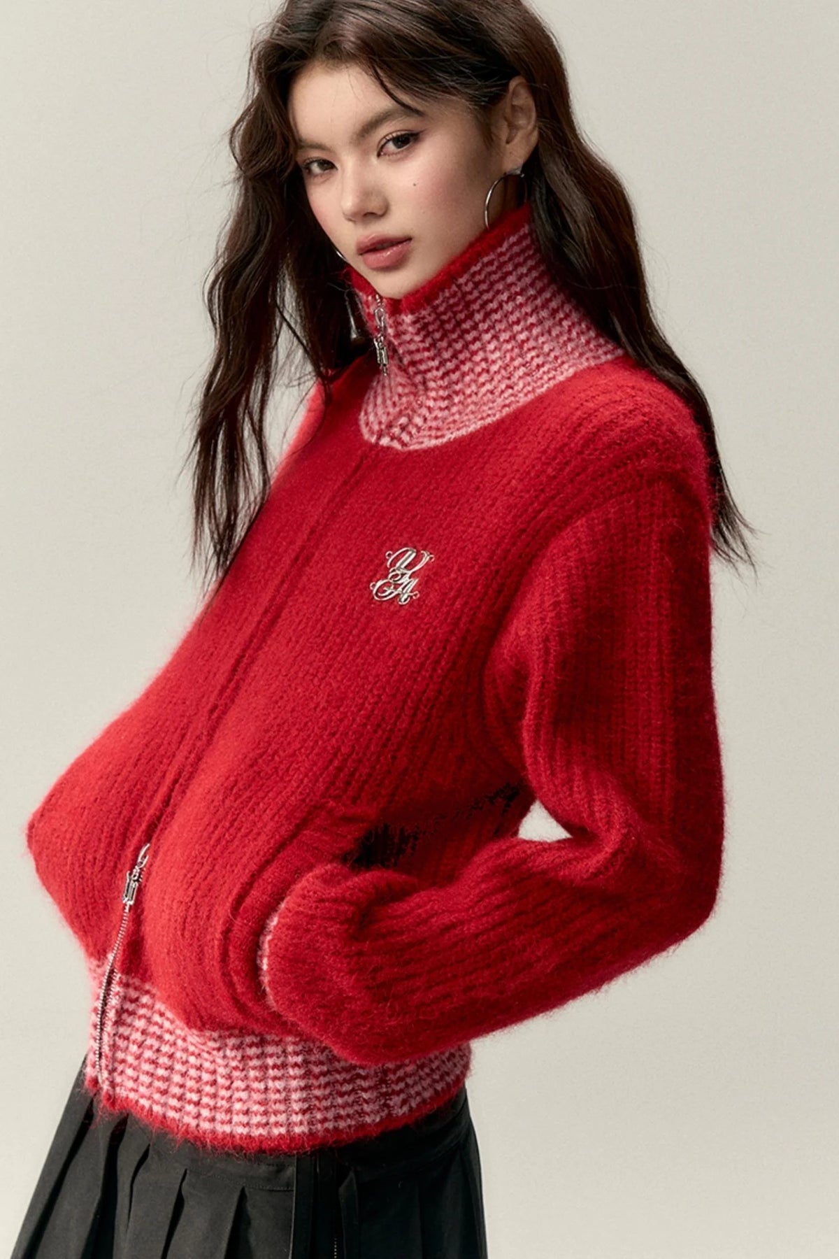 High Neck Contrast Knit Cardigan