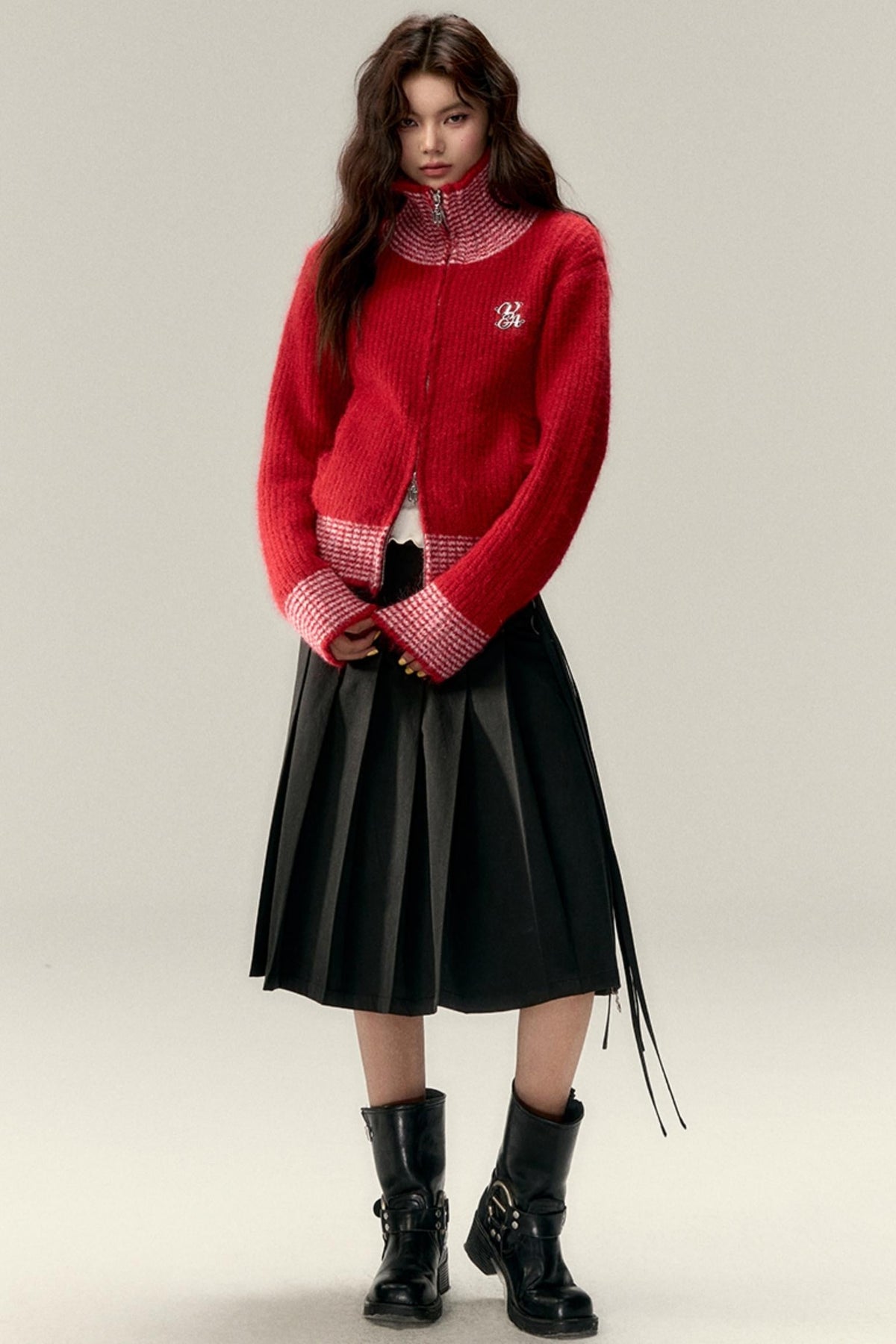 High Neck Contrast Knit Cardigan