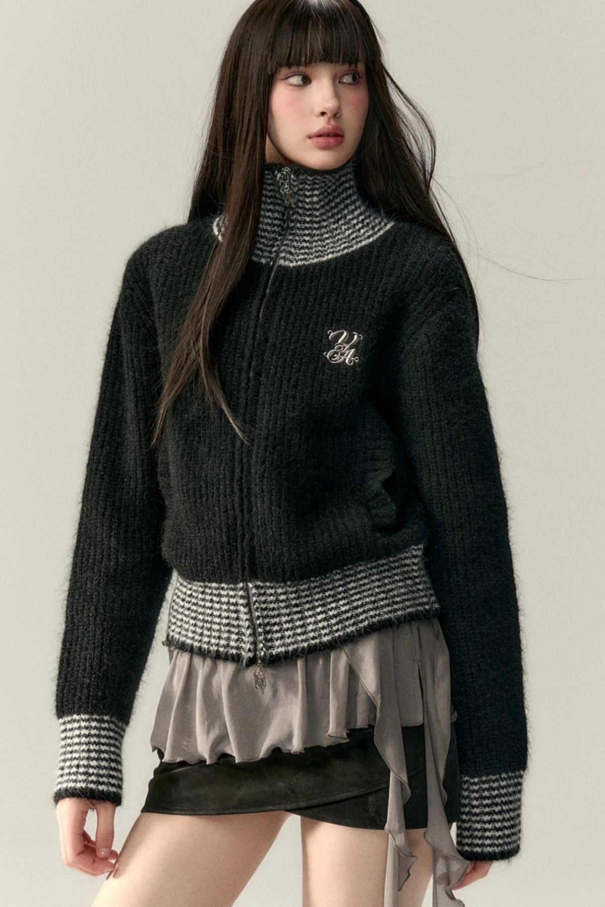 High Neck Contrast Knit Cardigan