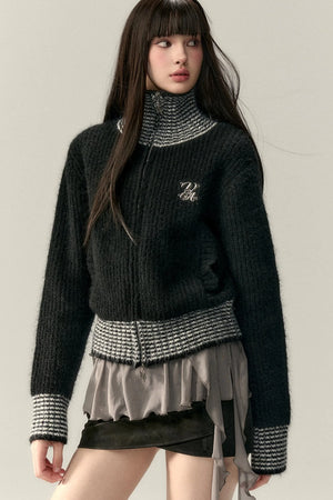 High Neck Contrast Knit Cardigan