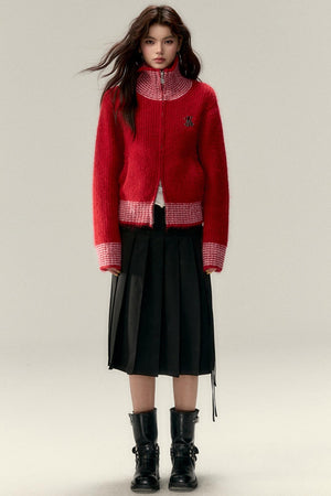 High Neck Contrast Knit Cardigan