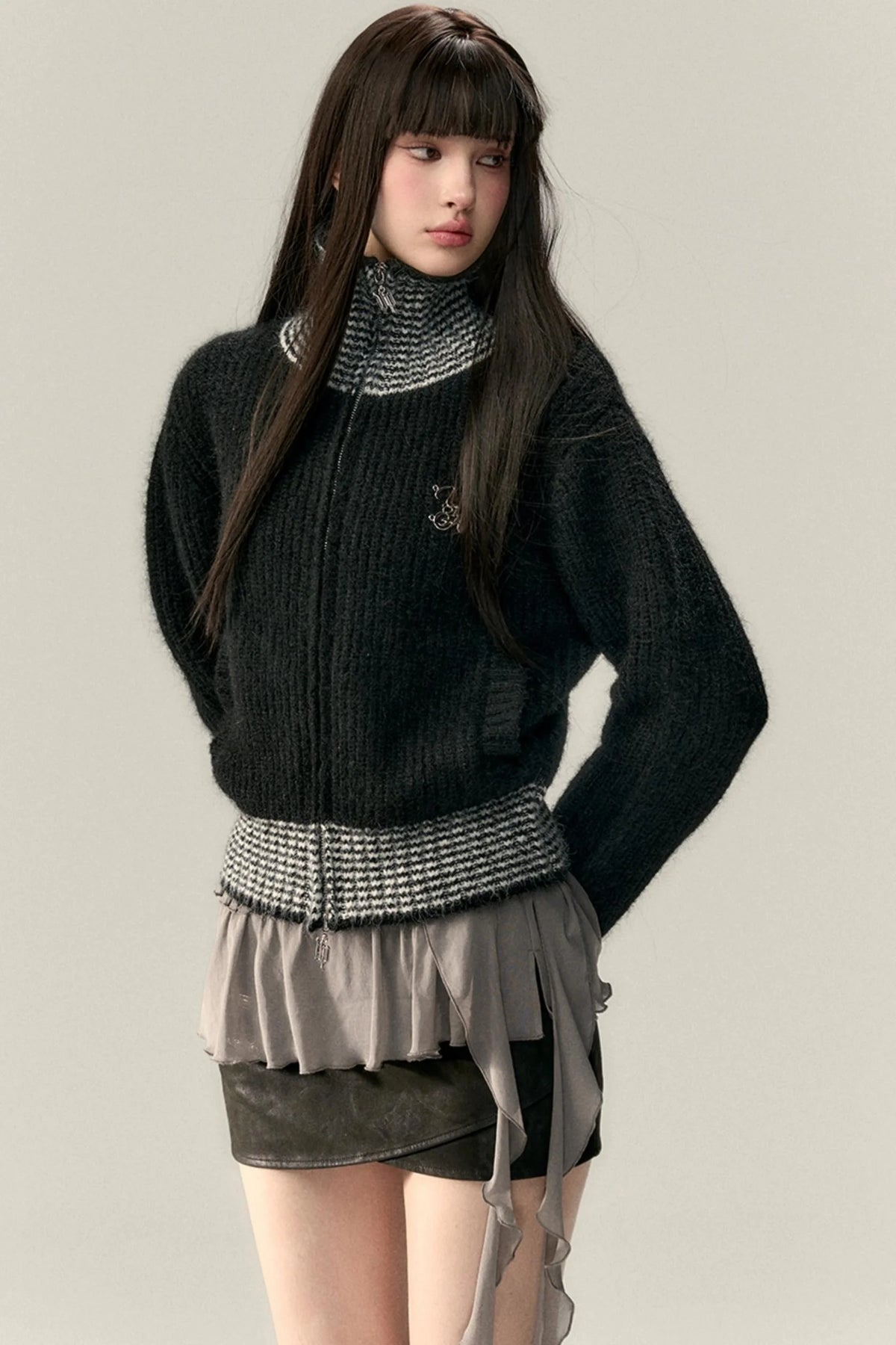 High Neck Contrast Knit Cardigan