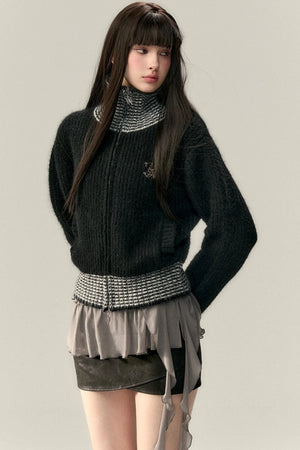 High Neck Contrast Knit Cardigan