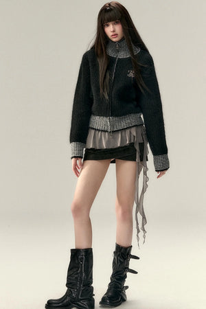 High Neck Contrast Knit Cardigan