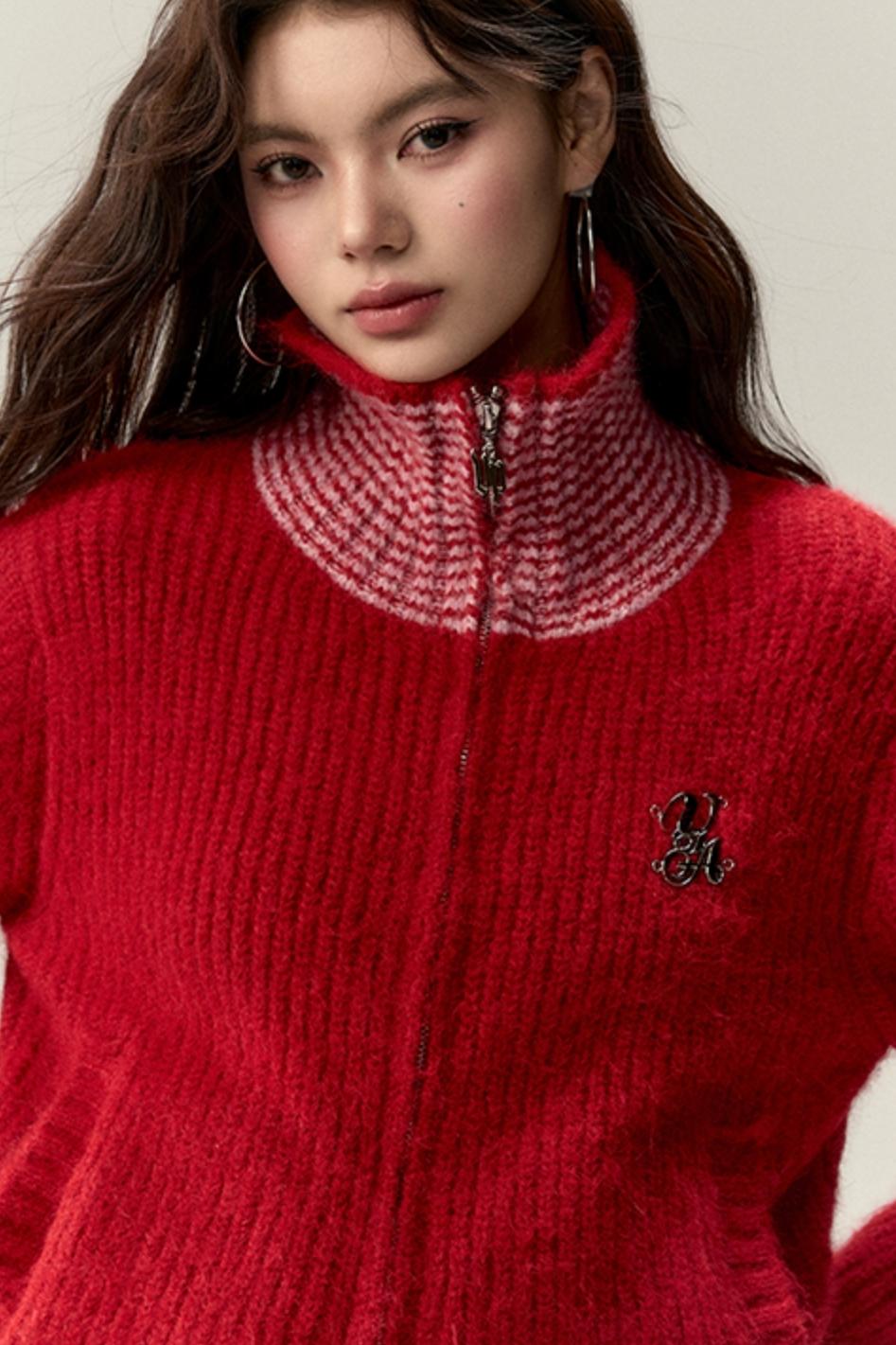 High Neck Contrast Knit Cardigan