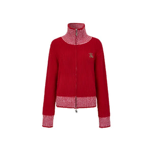 High Neck Contrast Knit Cardigan